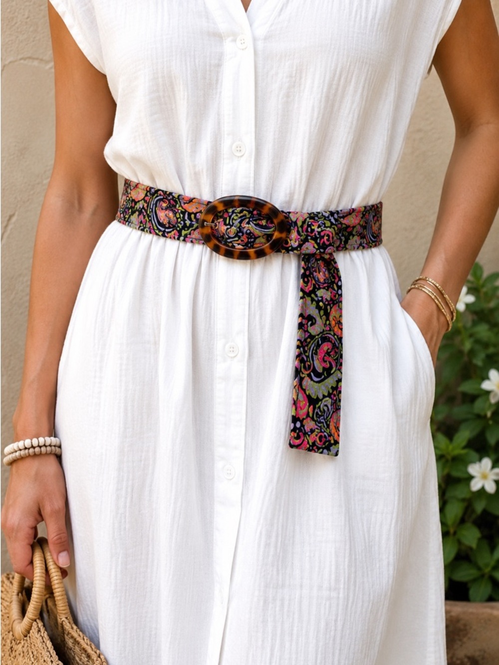 Talbots Paisley Cotton Ribbon Belt Oval Faux Tortoiseshell Buckle M